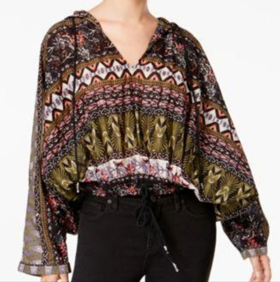 Free People Hold On Tight Gause Hooded Top SzXS Green/Black Oversized - Picture 12 of 13